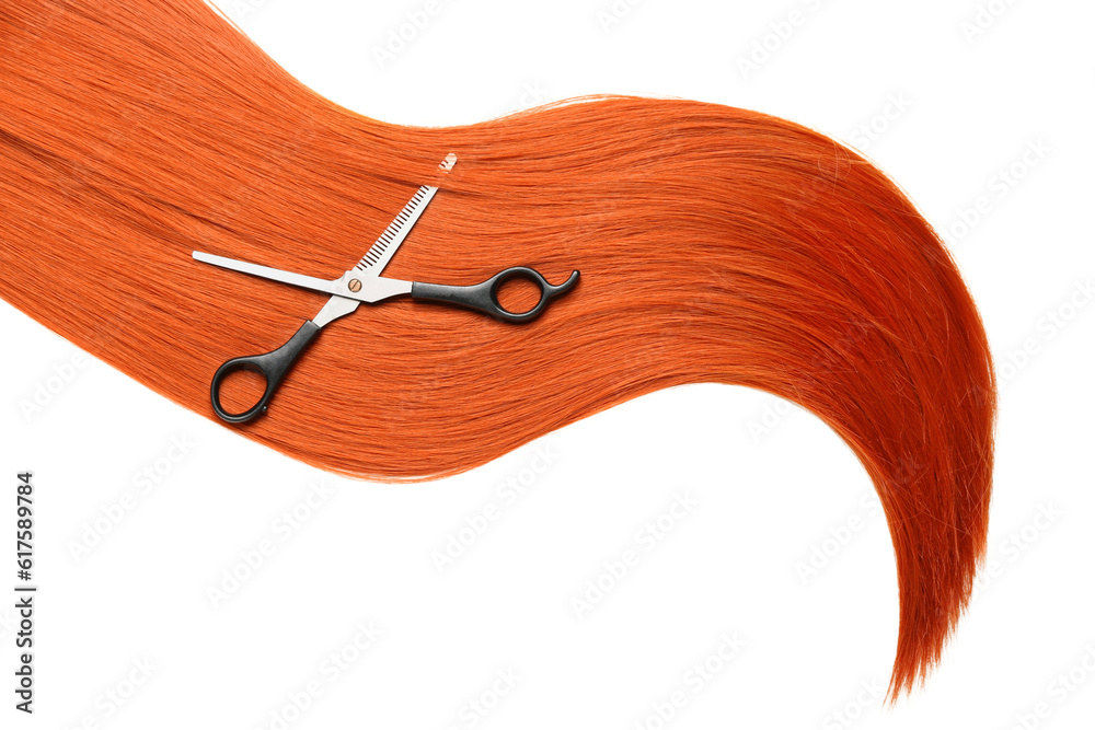 Ginger hair strand and scissors on white background, closeup