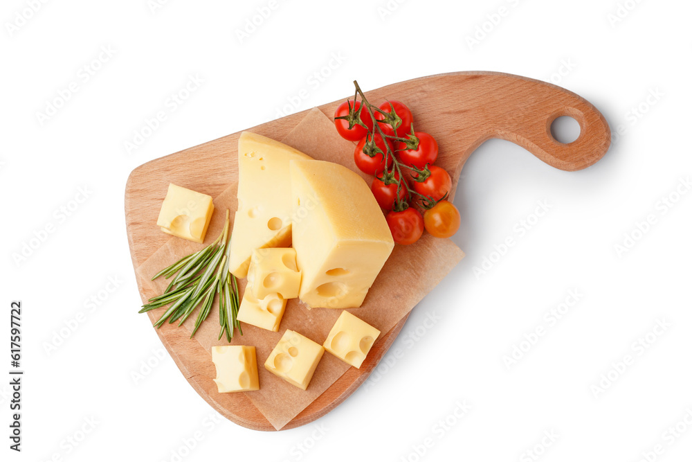 Pieces of Swiss cheese with rosemary, tomatoes cherry and wooden board on white background