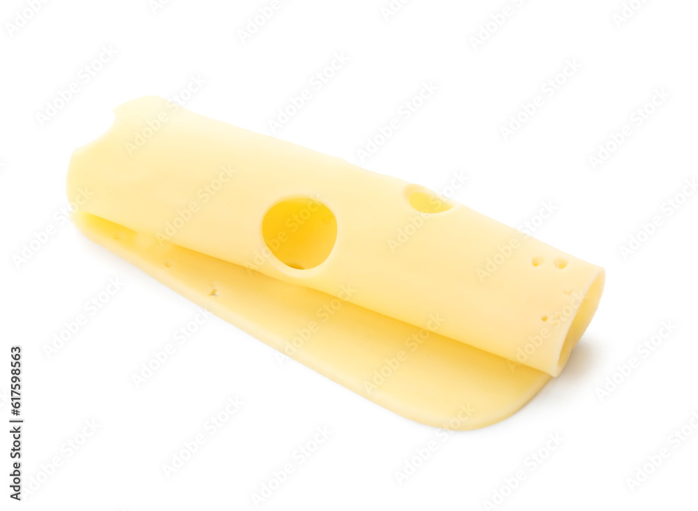 Slice of tasty Swiss cheese on white background