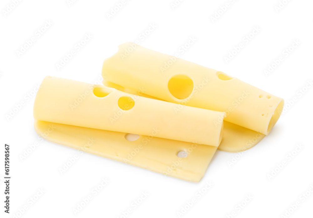 Slices of tasty Swiss cheese on white background