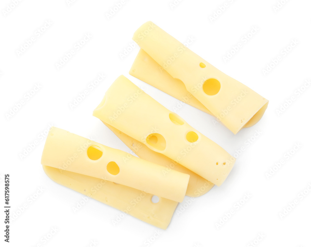 Slices of tasty Swiss cheese on white background