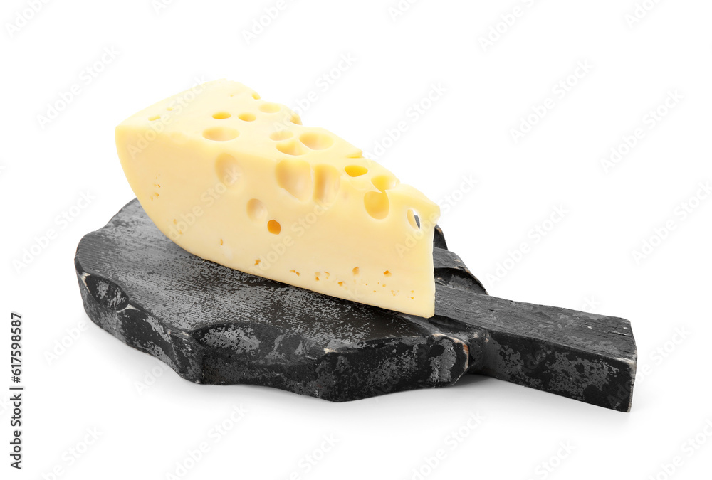 Wooden board with tasty Swiss cheese on white background