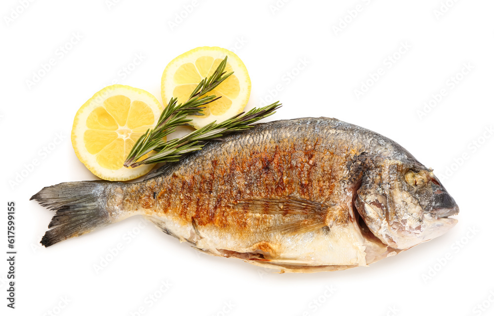 Tasty grilled dorado fish with lemon on white background