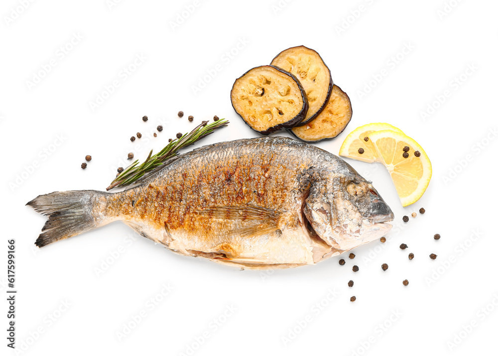 Tasty grilled dorado fish with eggplant on white background