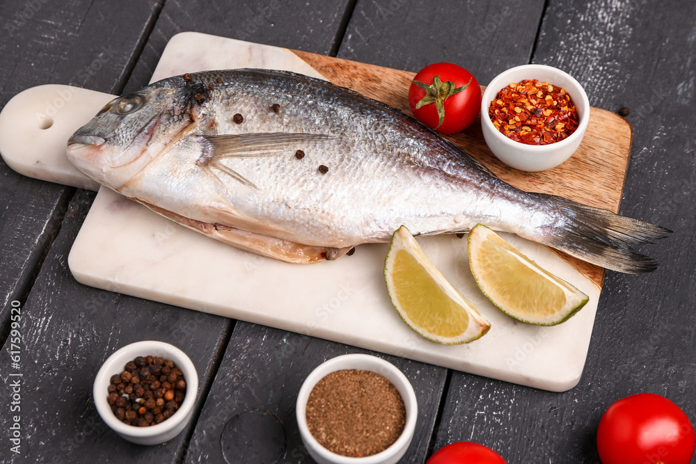 Board of raw dorado fish with lime, tomatoes and spices on dark wooden background