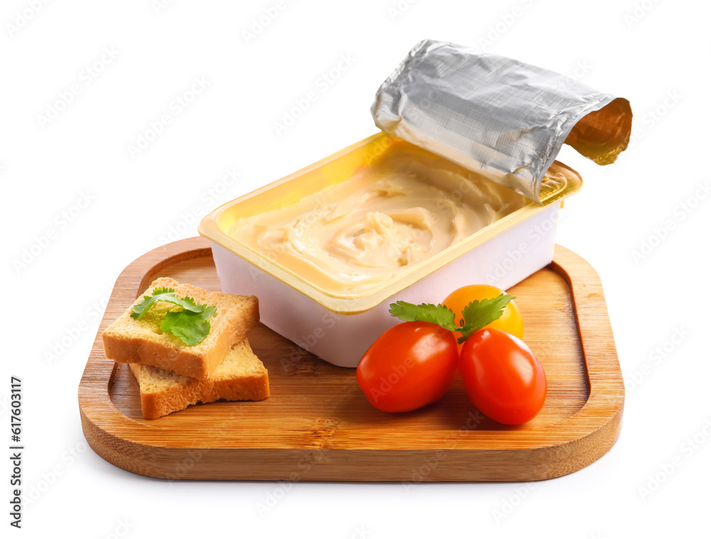 Plastic container with tasty cream cheese, tomatoes and croutons on white background