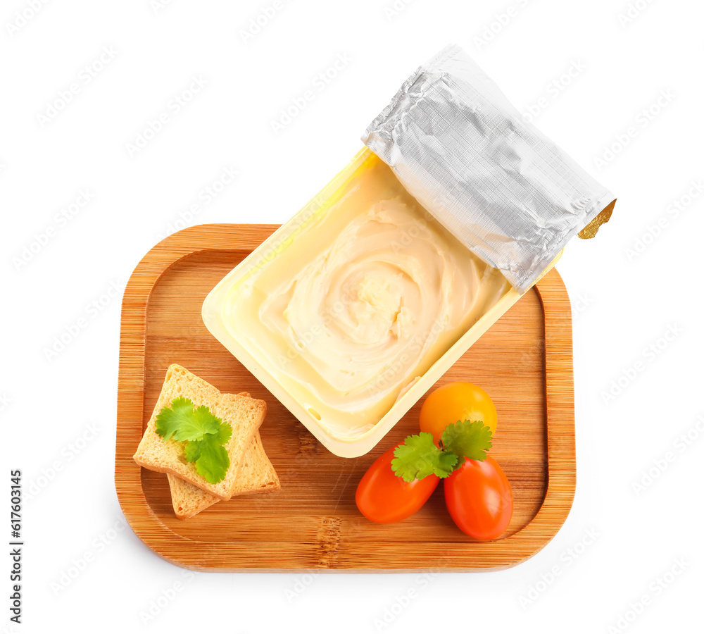 Plastic container with tasty cream cheese, tomatoes and croutons on white background