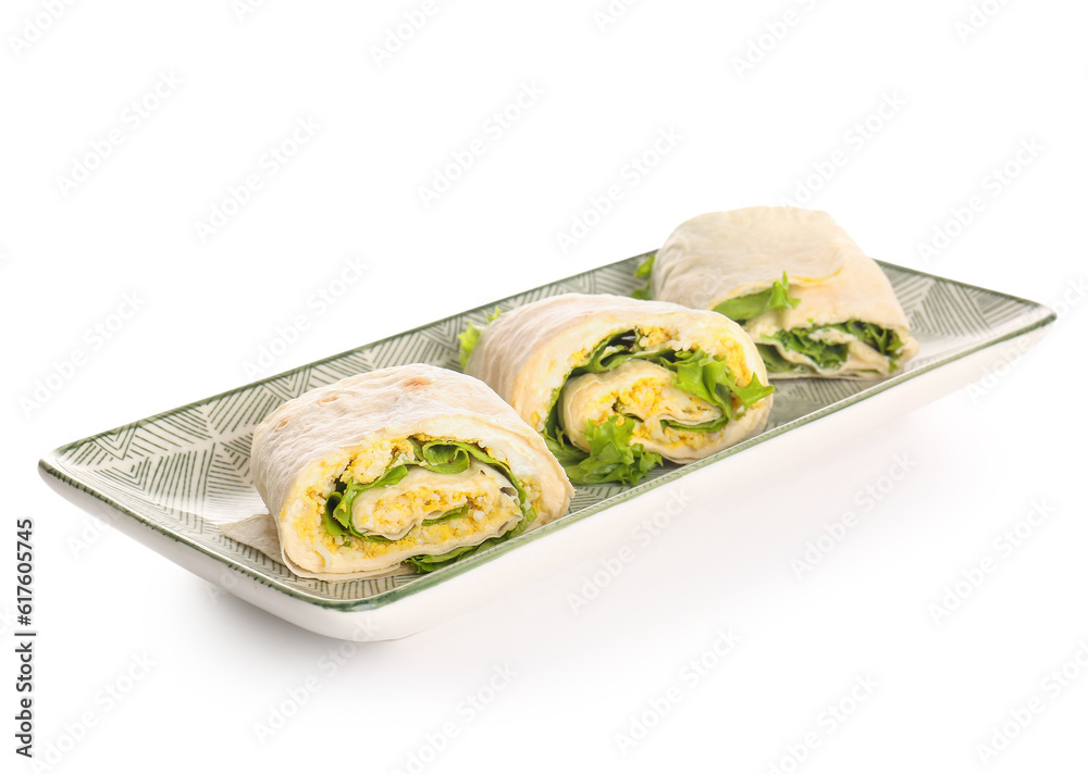 Plate of tasty lavash rolls with egg isolated on white background