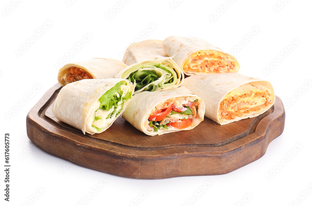 Wooden board of tasty lavash rolls with vegetables isolated on white background