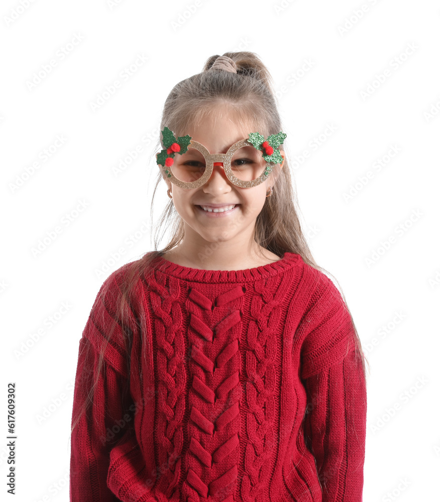 Cute little girl in paper eyeglasses and knitted sweater on white background