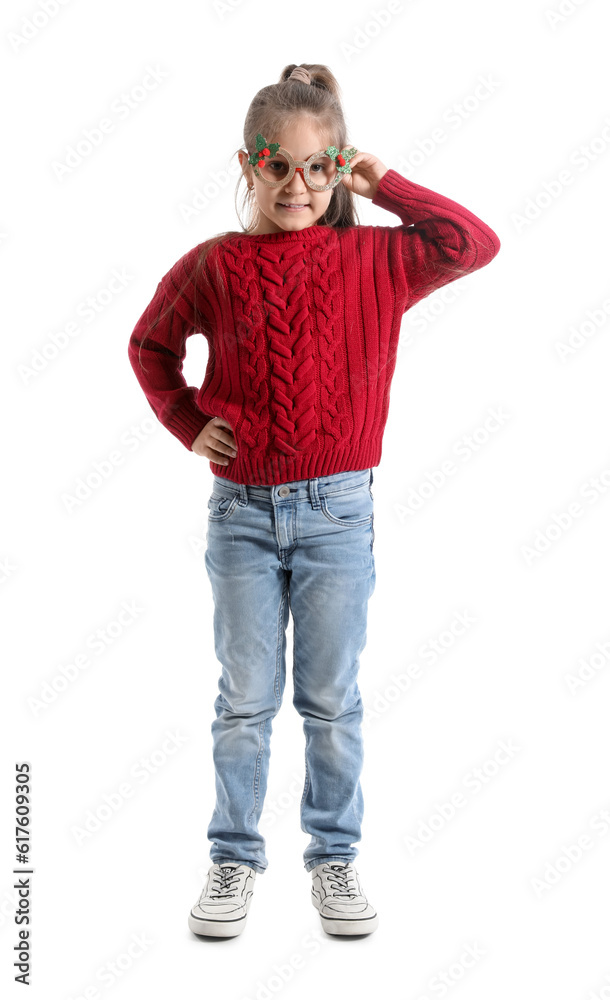 Cute little girl in paper eyeglasses and knitted sweater on white background