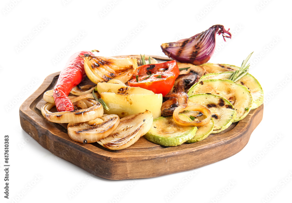 Wooden board with different tasty grilled vegetables on white background