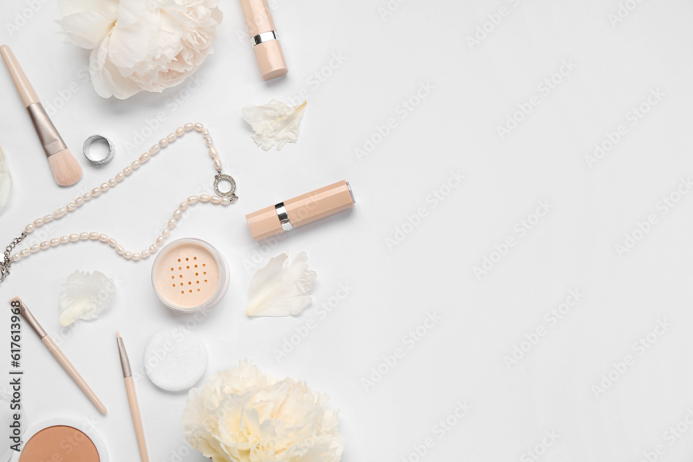 Composition with stylish female accessories, cosmetics and beautiful peony flowers on white backgrou