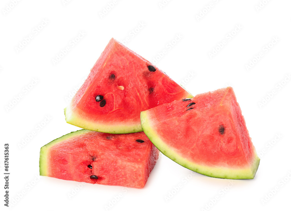 Pieces of fresh watermelon on white background