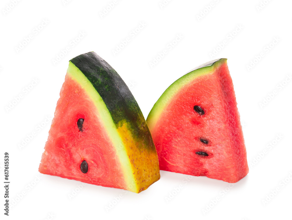 Pieces of fresh watermelon on white background