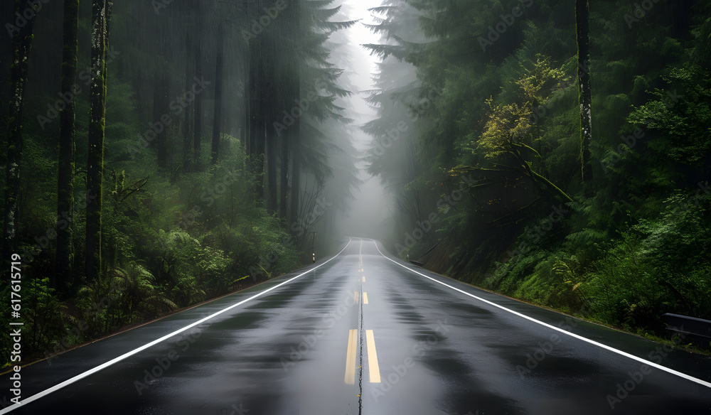 A dark empty two-lane quiet foggy road