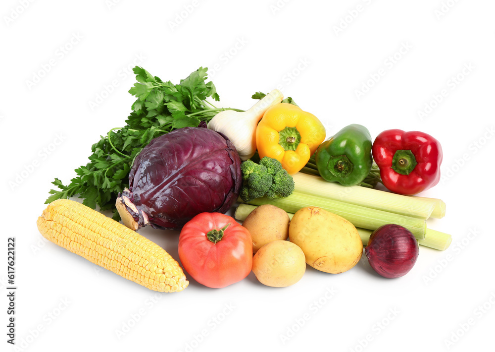 Fresh ripe vegetables on white background