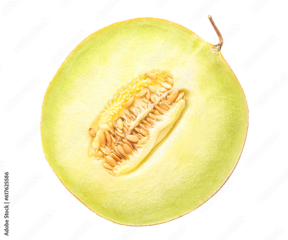 Half of sweet melon on white background