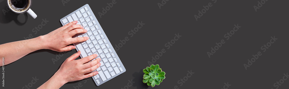 Woman using a computer keyboard - overhead view