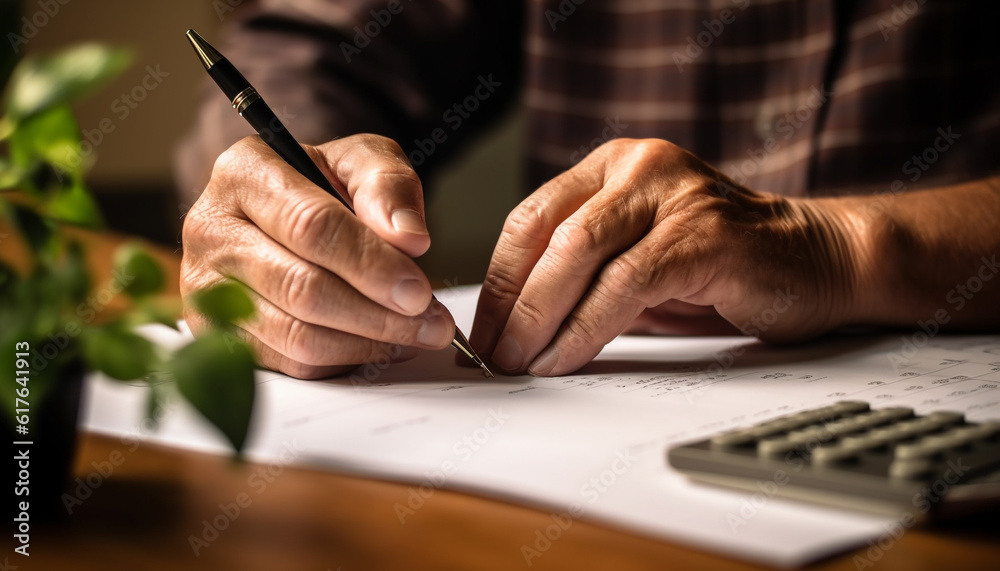 Professional architect sketches blueprint on wooden desk with concentration generated by AI