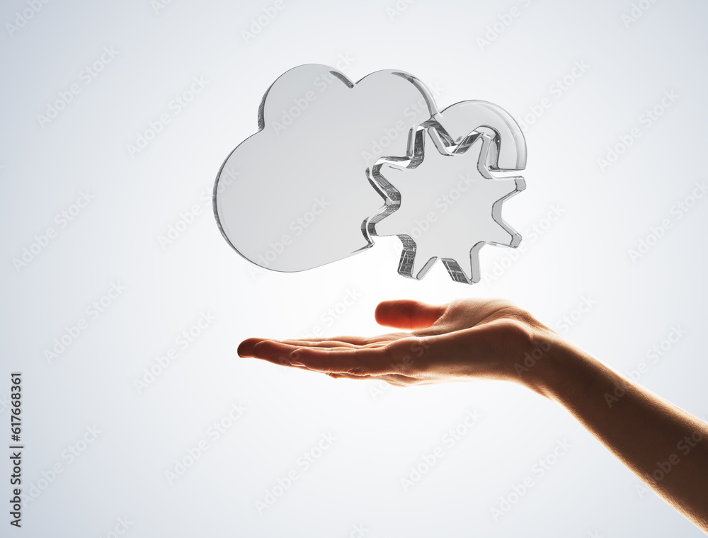 Cloud computing concept with glass symbol shown in hand