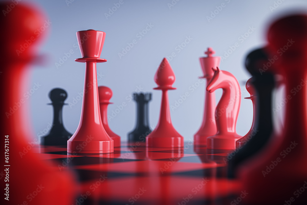 Blurry red chessboard background. Success, teamwork and leadership concept. 3D Rendering.