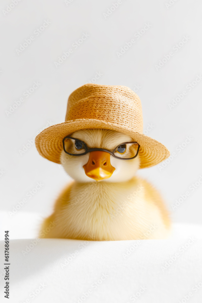 Duck wearing hat and glasses with straw hat on its head. Generative AI.