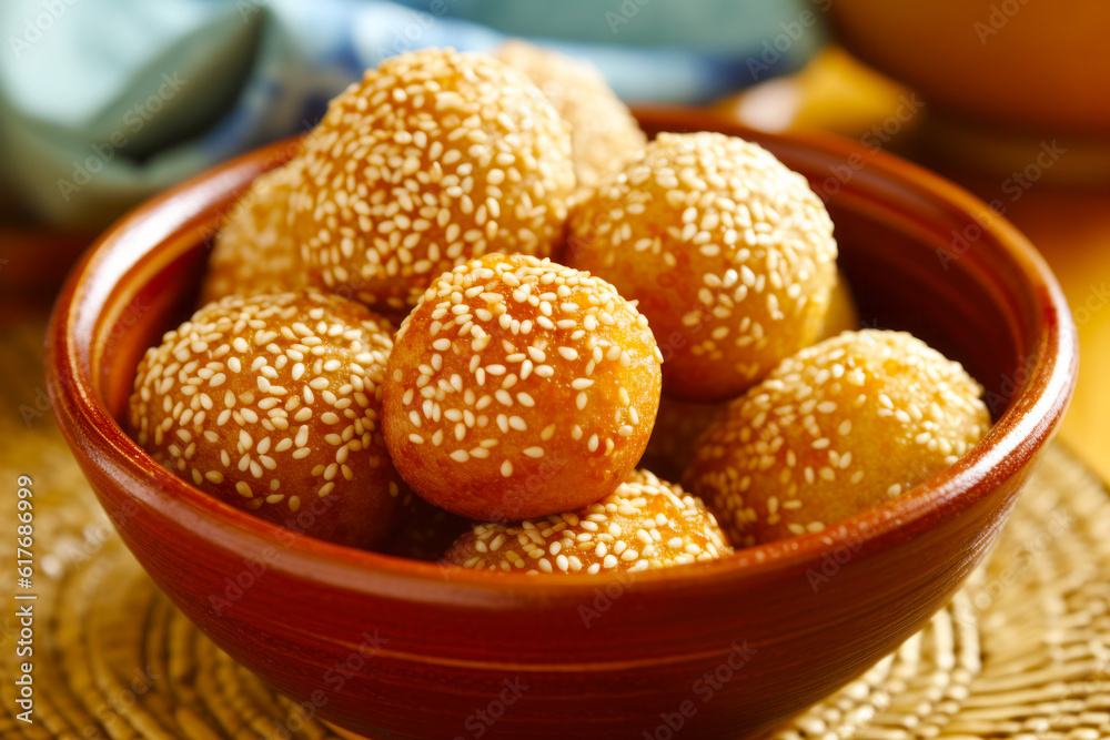 Bowl filled with sesame seed balls on top of woven table cloth. Generative AI.