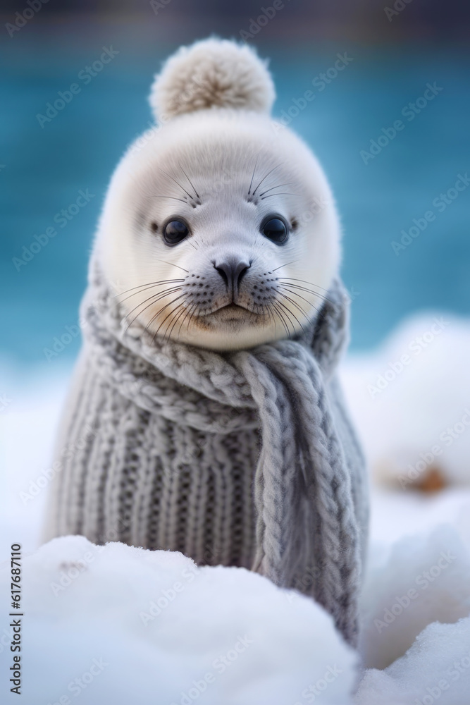 Baby seal is wrapped in scarf and wearing knitted sweater. Generative AI.