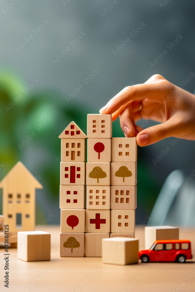 Person placing block in the shape of house on table. Generative AI.