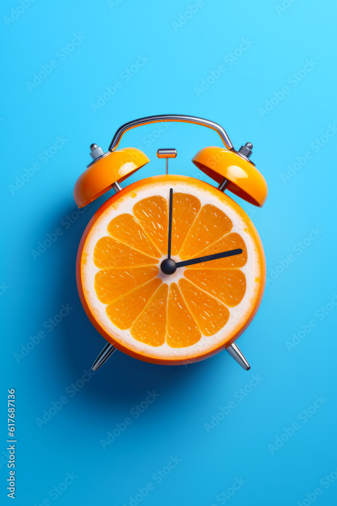 Clock made out of orange sliced in half on blue background. Generative AI.