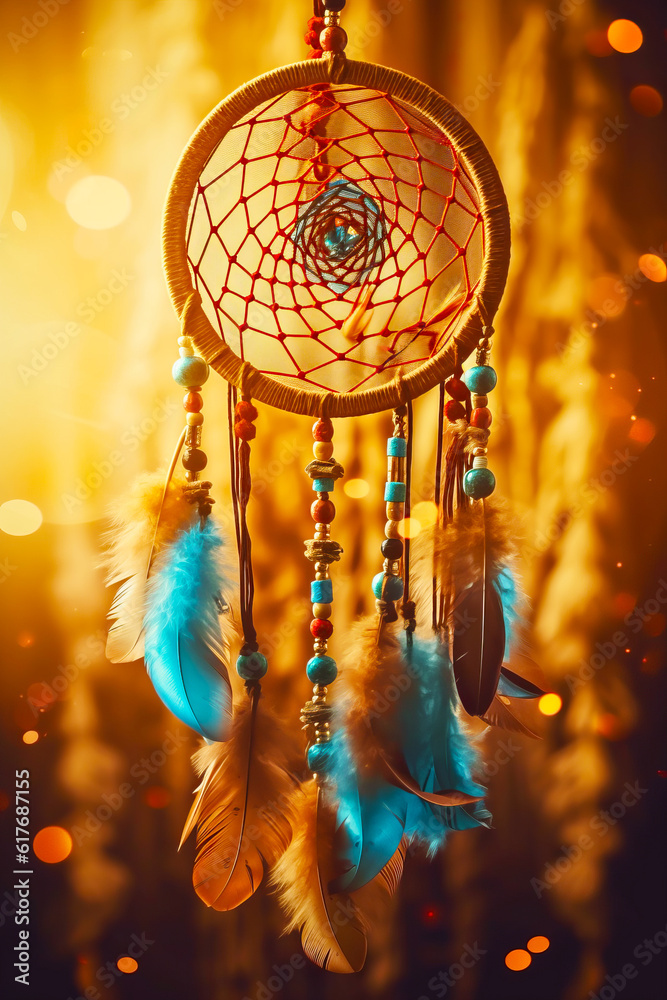 Close up of dream catcher with beads and feathers on dark background. Generative AI.