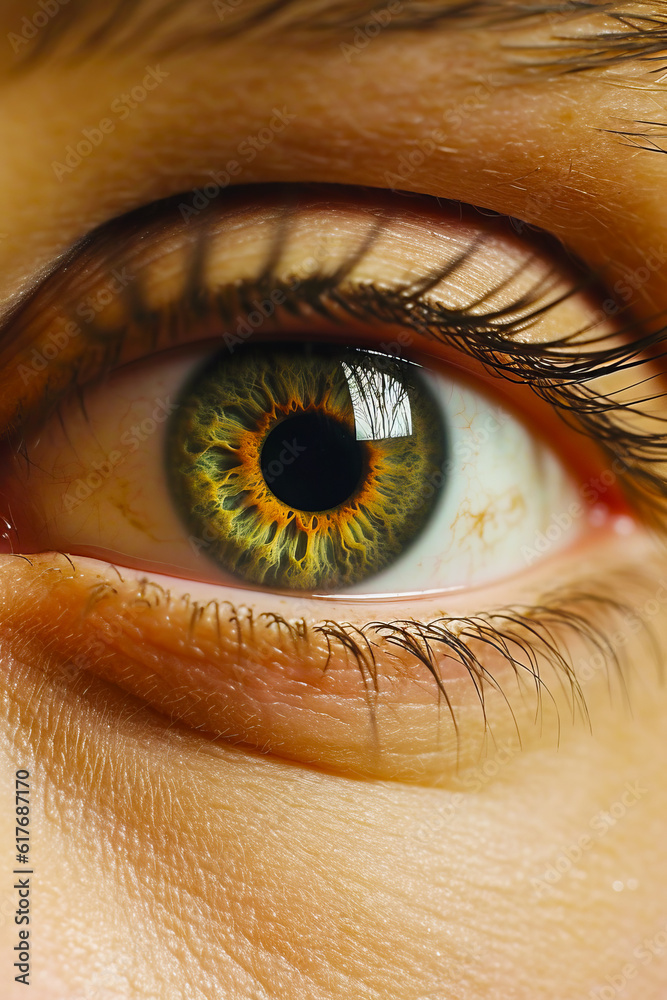 Close up of persons eye with green and yellow iris. Generative AI.