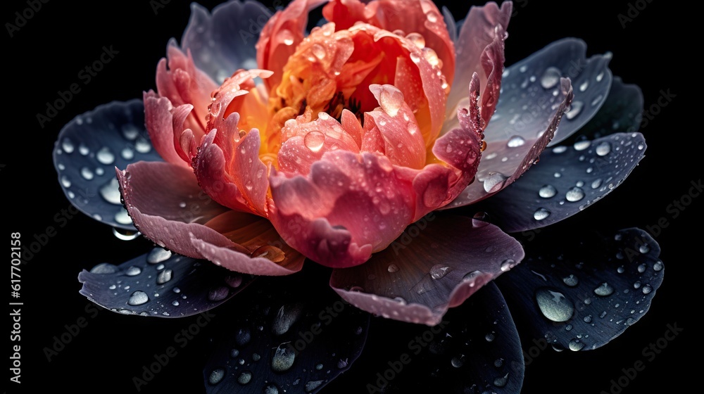 Black Peony flowers with water drops background. Closeup of blossom with glistening droplets. Genera