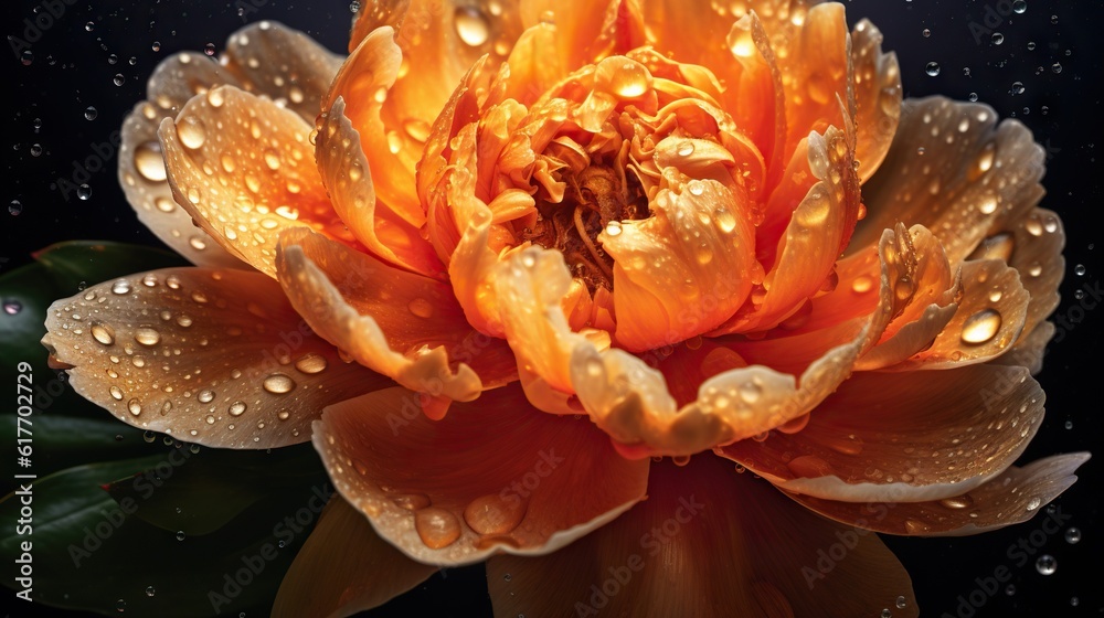 Orange Peony flowers with water drops background. Closeup of blossom with glistening droplets. Gener