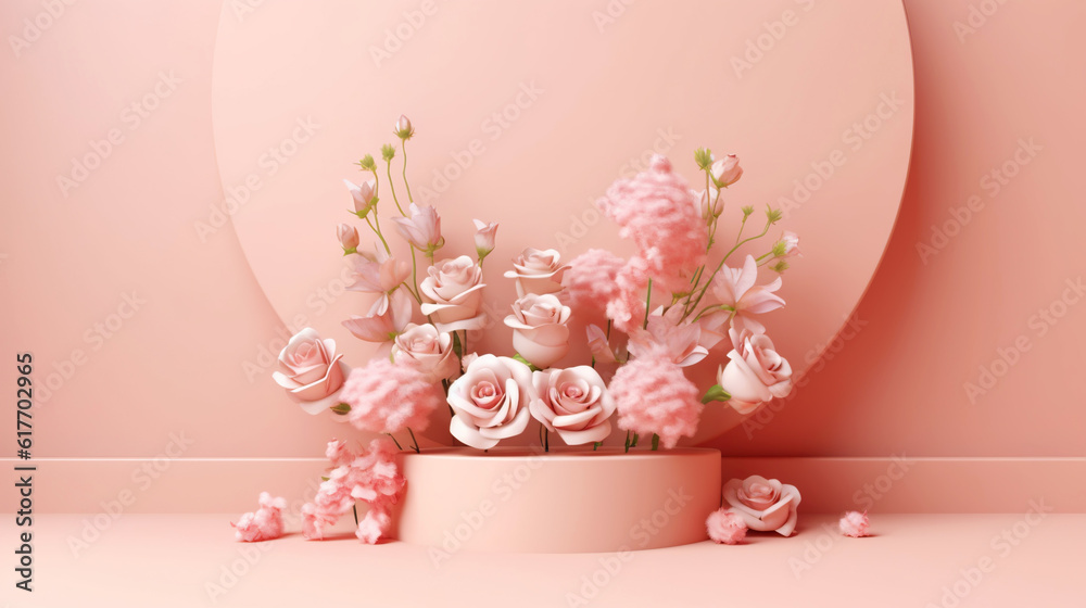 Podium with pink roses on pastel pink background to display products, gift or cosmetics. Generative 