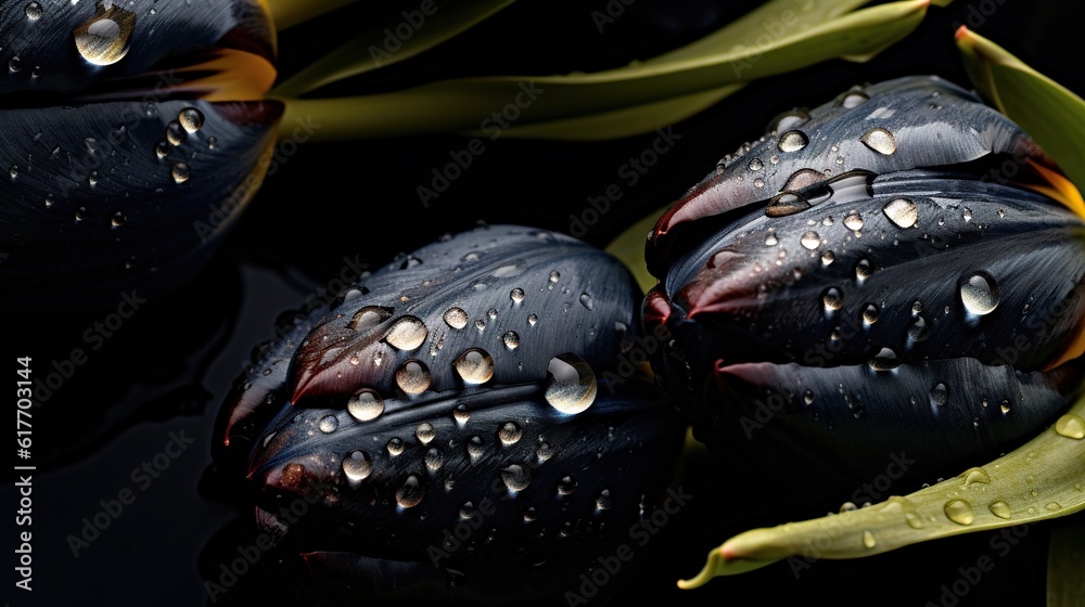 Black Tulips flowers with water drops background. Closeup of blossom with glistening droplets. Gener