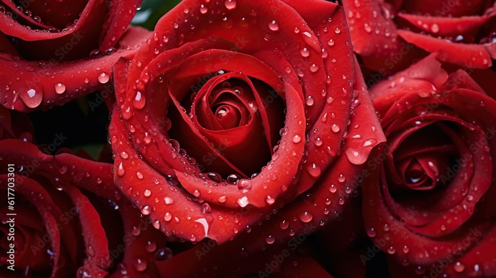 Red Roses flowers with water drops background. Closeup of blossom with glistening droplets. Generati