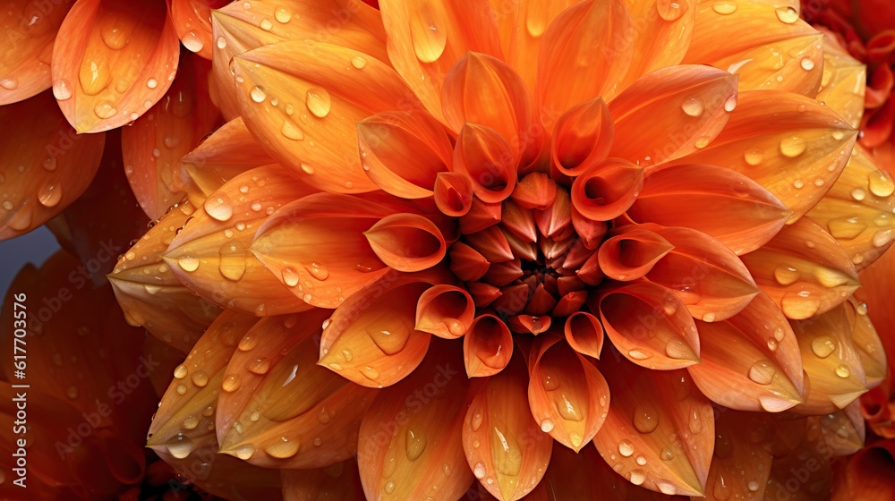 Orange Dahlia flowers with water drops background. Closeup of delicate blossom with glistening dropl