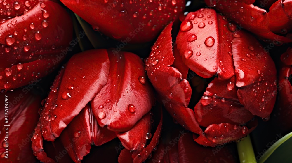 Red Tulips flowers with water drops background. Closeup of blossom with glistening droplets. Generat