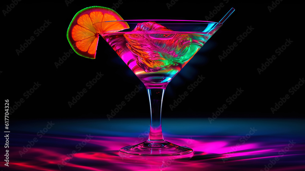 Glass of cocktail in hypnotic neon light. Colorful rave party drink. Generative AI