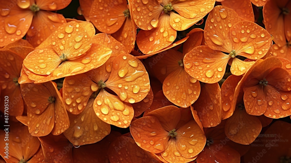 Orange Hydrangeas flowers with water drops background. Closeup of blossom with glistening droplets. 