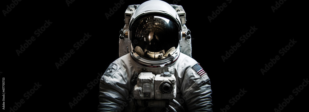 Portrait of astronaut floating in space. Front view on spacesuit technology. Generative AI