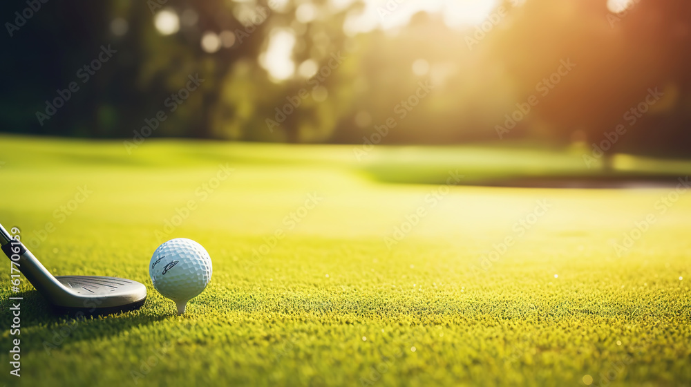 Golf club and golf ball on green grass background. Blurred backdrop. Outdoor sport on a sunny day. G