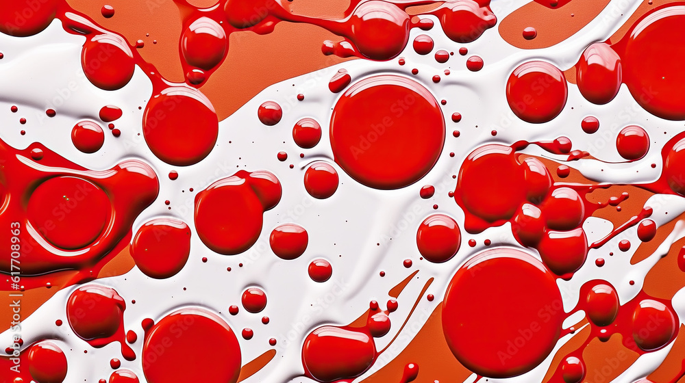 Abstract white paint drops mixed in red oil background. Non-mixing fluids pattern. Generative AI