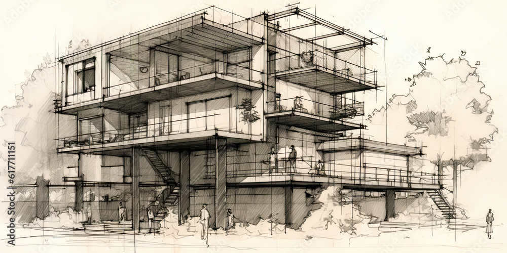 Detailed pencil sketch of modern suburban house. Abstract imaginary building concept. Generative AI