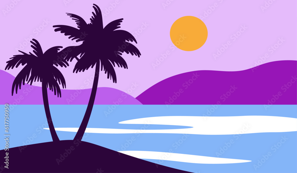 Cartoon flat panoramic landscape with the palms on colourful background. Vector illustration.