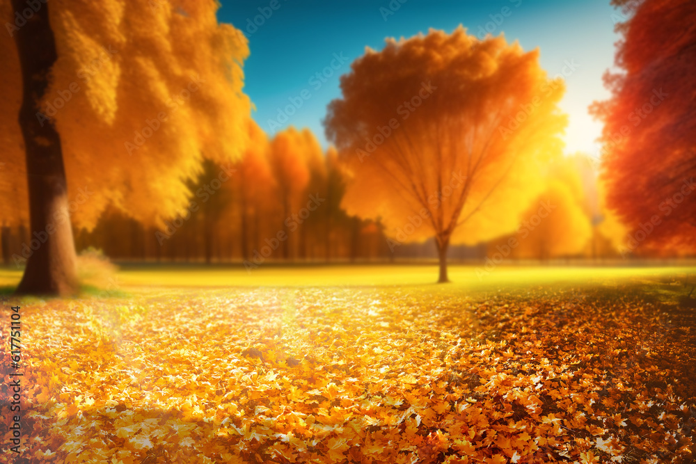 Beautiful bright colorful autumn landscape with a carpet of yellow leaves. Natural park with autumn 