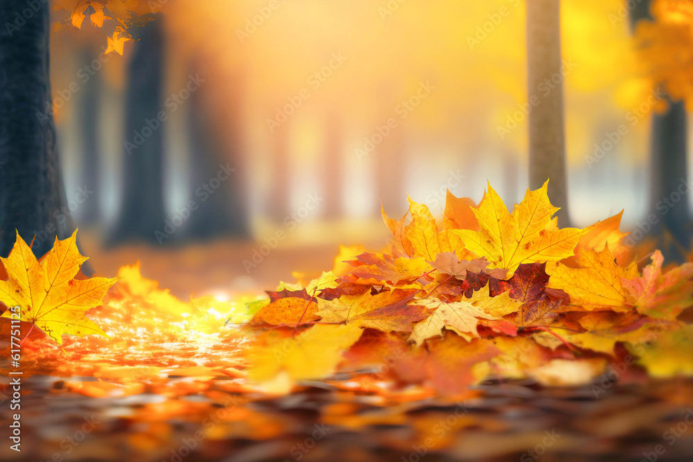 A bunch of beautiful yellow and orange leaves in an autumn park on a bright sunny day. Natural color