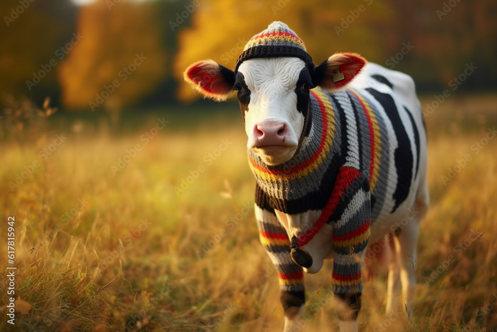 Generated ai collage of fashion model cow pasture in fall meadow wearing woolen outfit